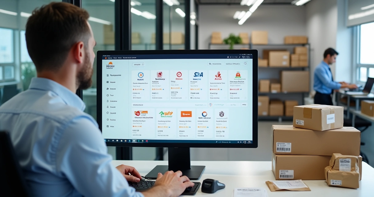 Vendedor de e-commerce gerenciando pedidos em vários marketplaces pela tela do computador