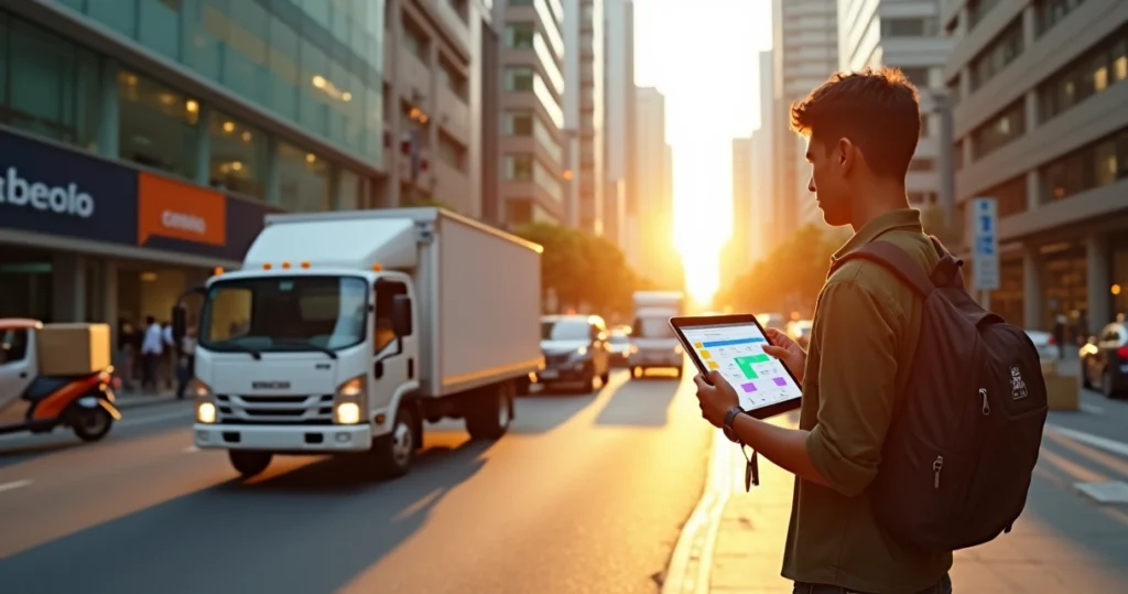 Avenida movimentada de São Paulo com caminhão de entregas e destaque para vendedor de e-commerce controlando pedidos por tablet