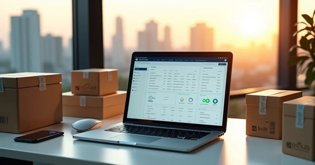 Simulação em notebook mostrando hub logístico moderno com caixas prontas para envio