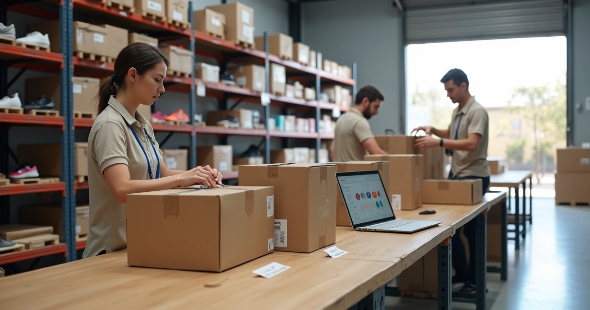 Funcionários preparando pedidos de e-commerce em prateleiras organizadas