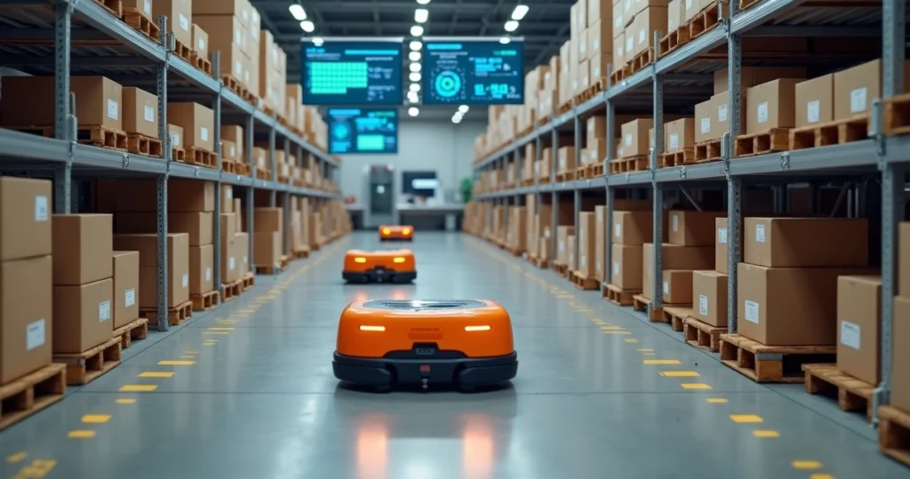 Robôs autônomos organizando prateleiras em centro de fulfillment automatizado