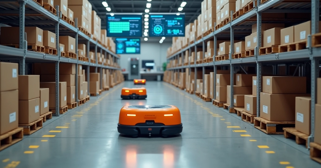 Robôs autônomos organizando prateleiras em centro de fulfillment automatizado