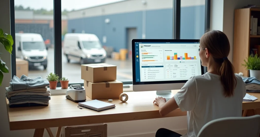 Lojista de e-commerce em mesa organizando produtos enquanto observa painel logístico na tela