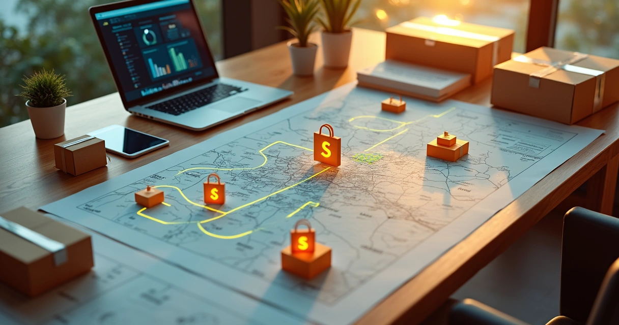 Mapa estilizado de São Paulo conectado a ícones de marketplaces e centros de logística