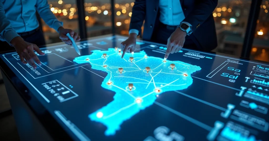 Mapa de São Paulo destacado no Brasil com rotas logísticas ligando centros de distribuição a várias cidades