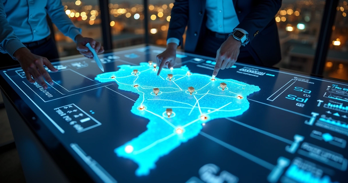 Mapa de São Paulo destacado no Brasil com rotas logísticas ligando centros de distribuição a várias cidades