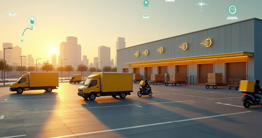 Vans e motos de entrega deixando depósito urbano moderno ao amanhecer