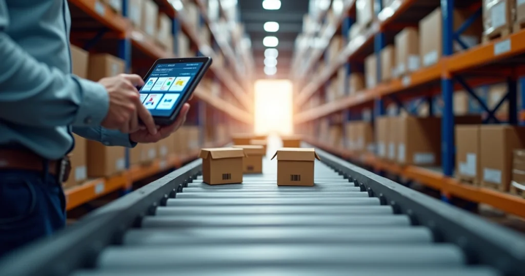 Galpão logístico moderno com prateleiras automatizadas e caixas prontas para envio