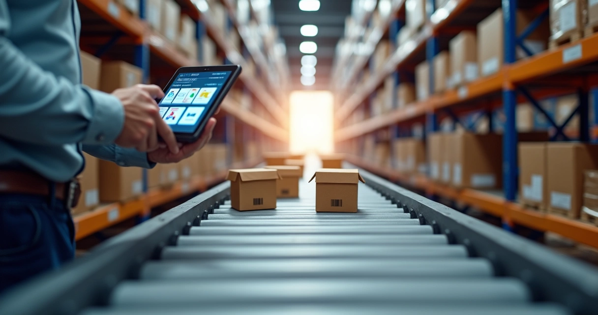 Galpão logístico moderno com prateleiras automatizadas e caixas prontas para envio