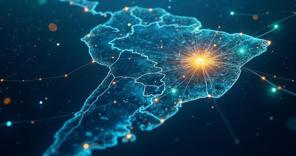 Mapa estilizado do Sudeste com linhas de conexão partindo de São Paulo