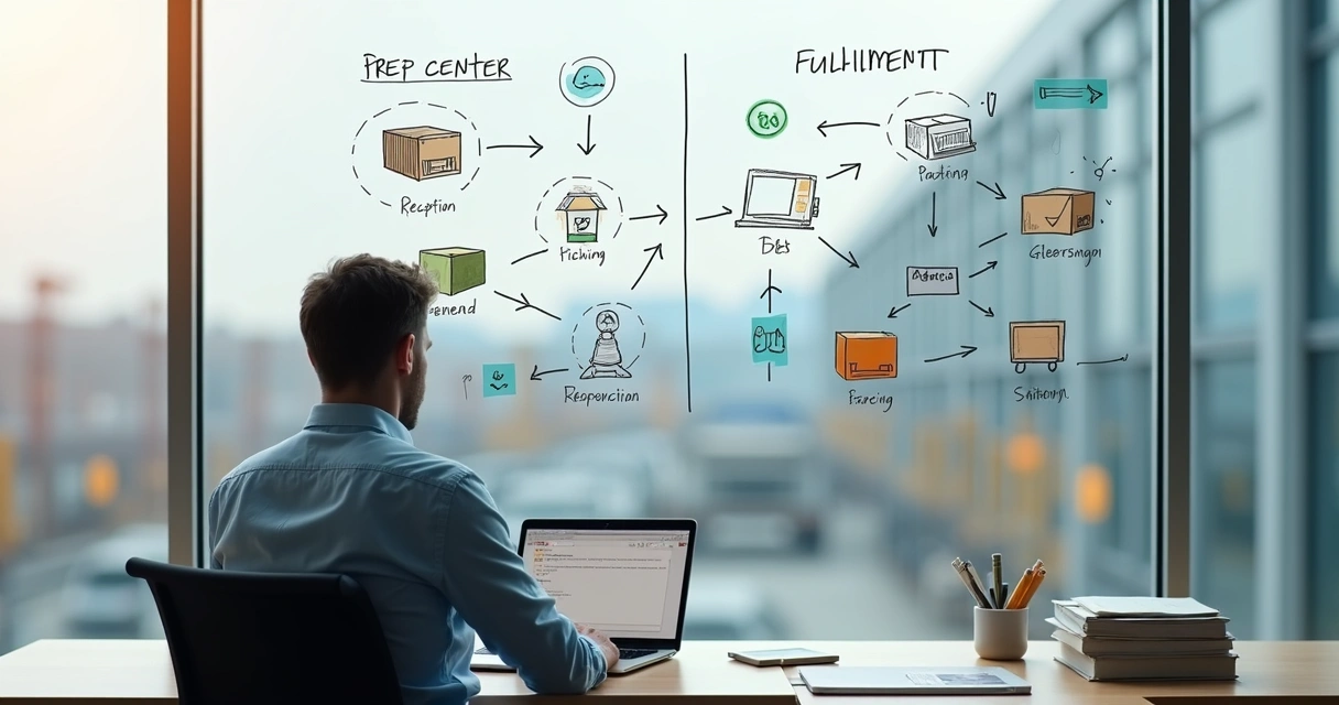 Gestor de e-commerce analisando fluxo de logística entre prep center e fulfillment em parede de vidro