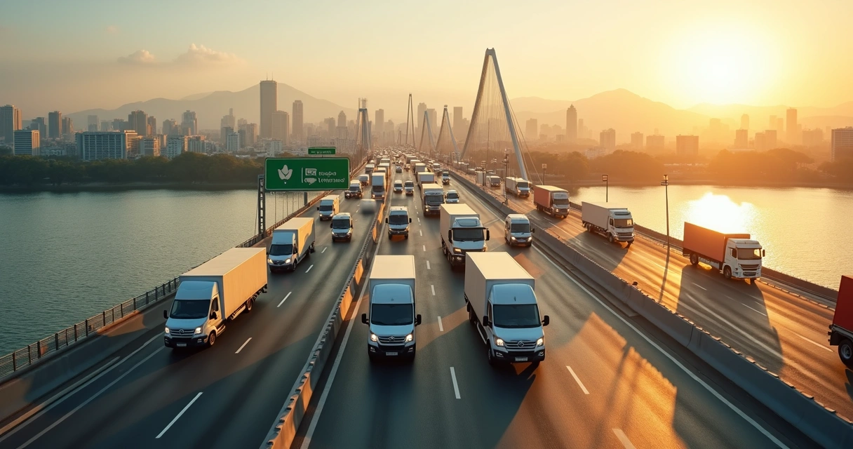 Vans de entrega cruzando ponte em São Paulo ao amanhecer