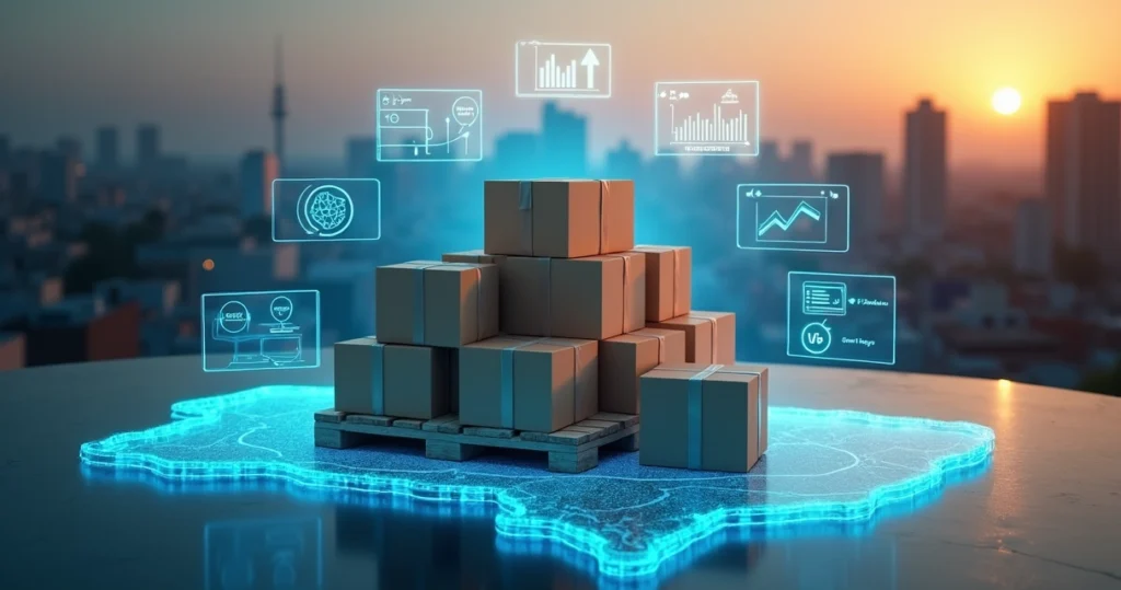 Palete de produtos em pé sobre skylines e ícones de marketplace