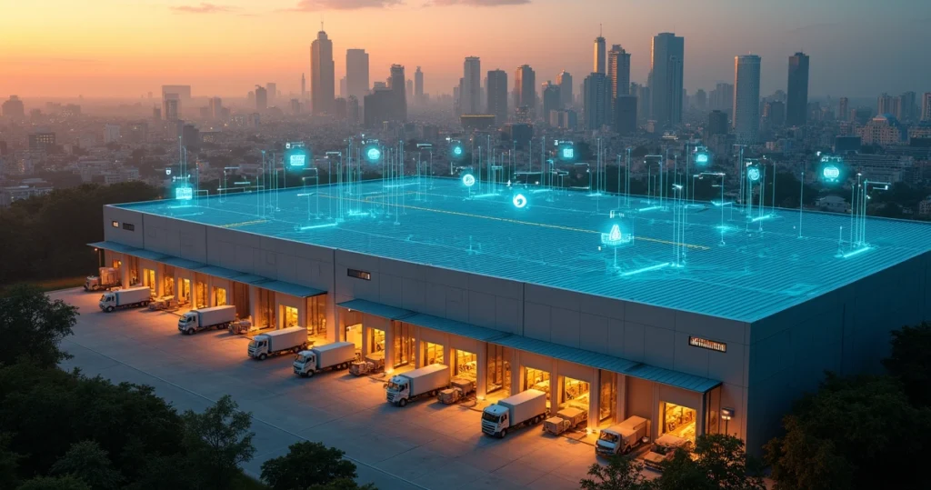 Vista aérea de estação logística conectada digitalmente à cidade de São Paulo