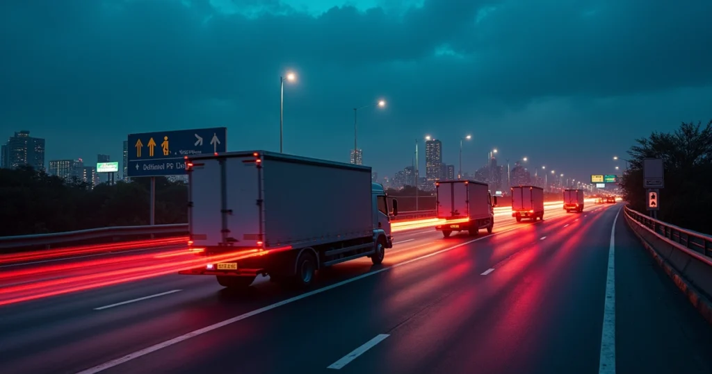 Fila de caminhões de entregas saindo de São Paulo à noite