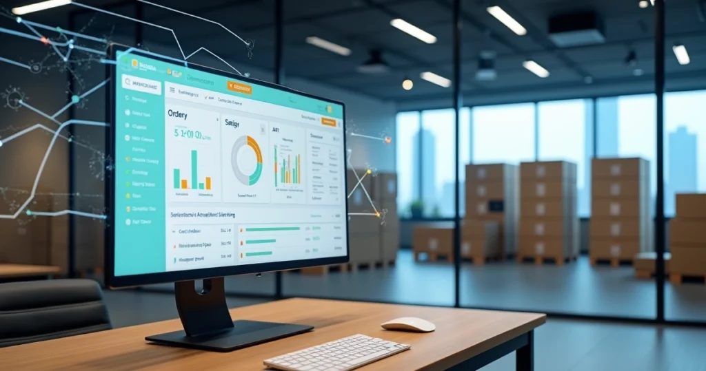 Interface de e-commerce conectada a centro logístico moderno em São Paulo