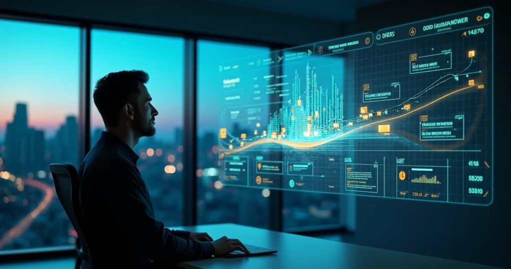 Lojista observando painel holográfico com pedidos e estoque em tempo real