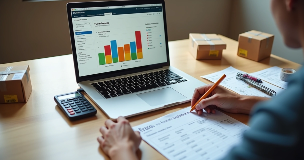 Seller analisando gráfico de comparação de custos de fulfillment em laptop