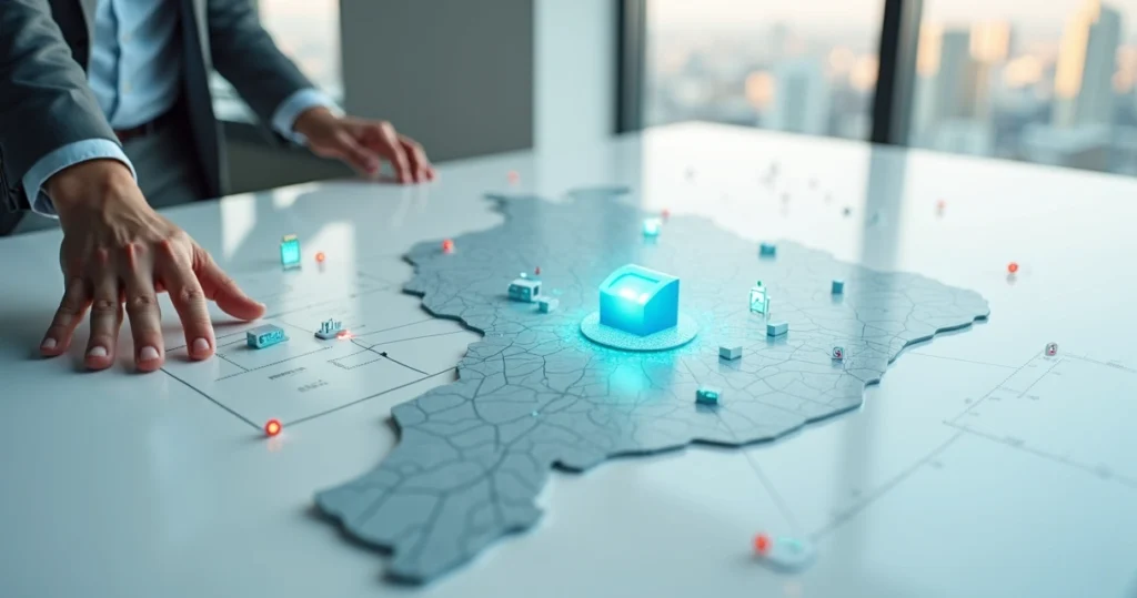 Ilustração realista de mapa de São Paulo com ícones de estoque e caixas conectadas