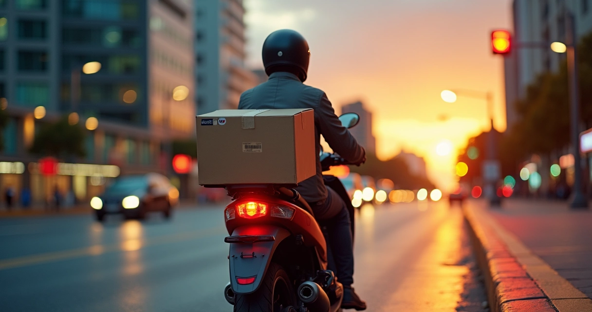 Entregador de frete urgente em moto levando caixa de marketplace pela cidade