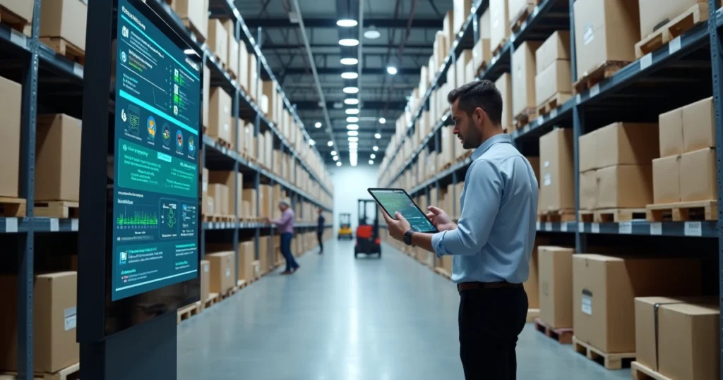 Painel digital mostrando estoque sincronizado em galpão logístico moderno