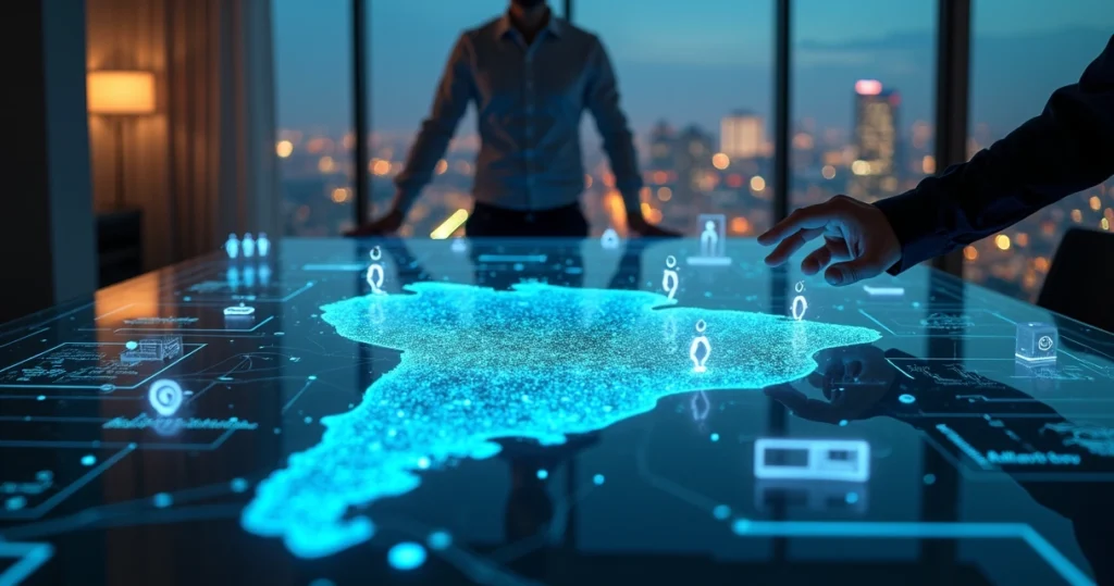 Mapa digital mostrando rede de entregas conectando vários marketplaces