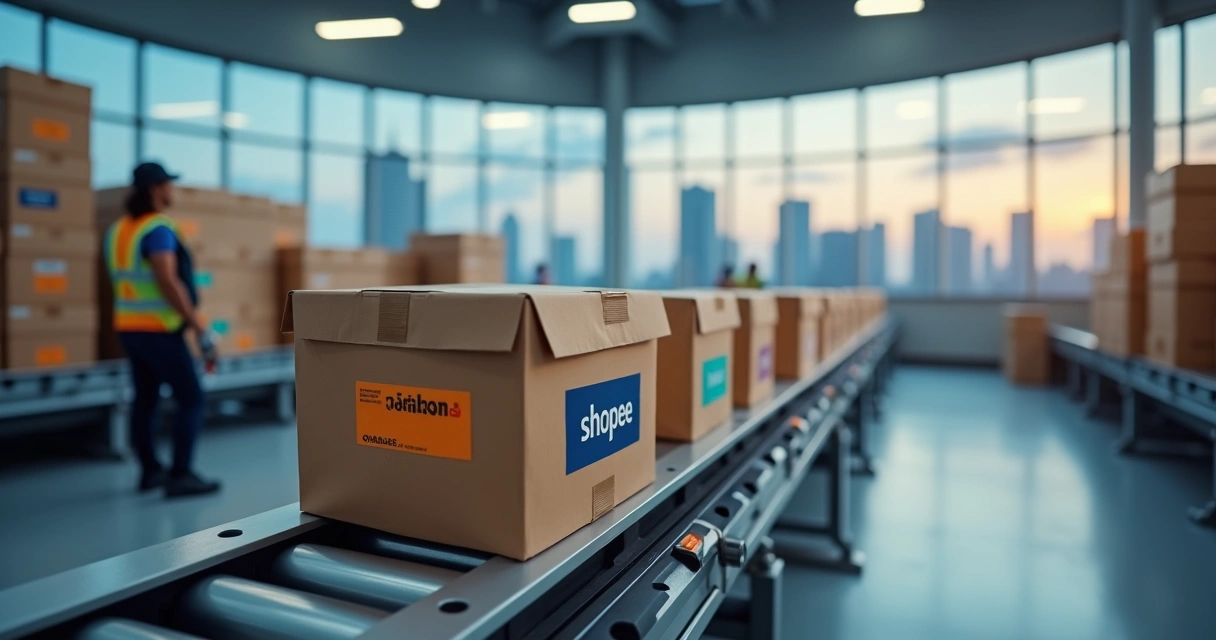 Esteira com caixas de marketplaces em prep center moderno em São Paulo