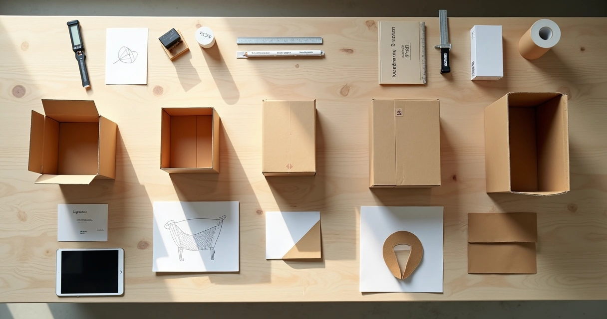 Vista de cima de mesa com diferentes caixas otimizadas para envio