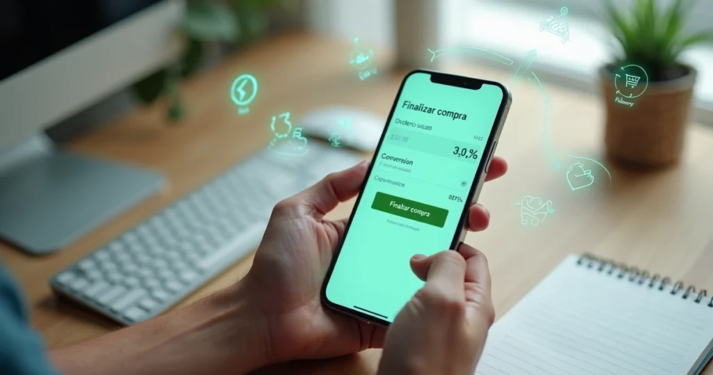 Tela de smartphone mostrando checkout simples com poucos campos e botão de compra em destaque
