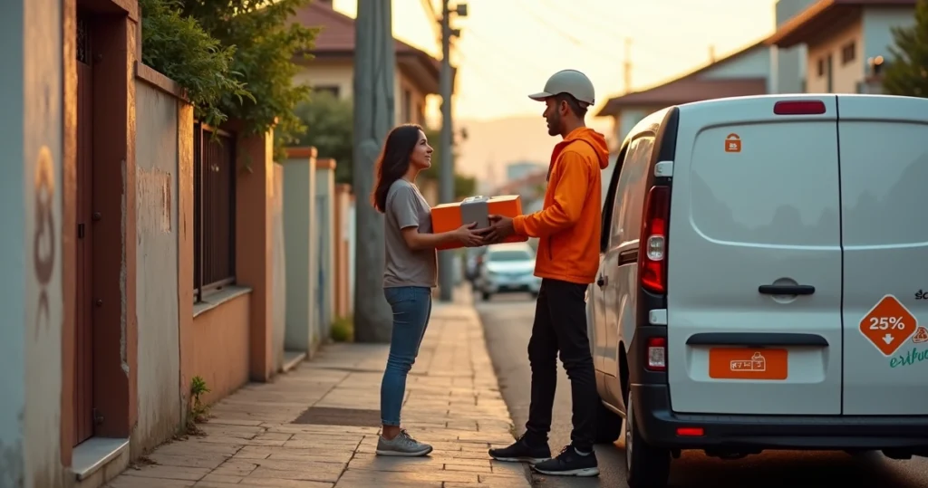 Consumidora recebendo pacote da Shopee de entregador em rua de São Paulo