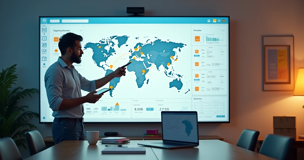Empreendedor analisando mapa com rotas de entrega e novo cálculo de frete em tela gigante