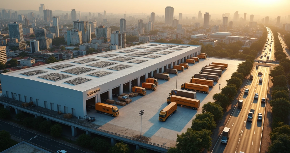 Vista aérea de centro de distribuição integrado à cidade de São Paulo ao fundo