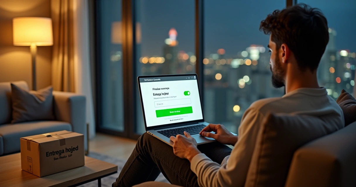 Cliente em sofá finalizando compra online com destaque para entrega rápida em São Paulo