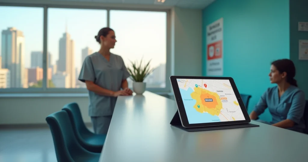 Profissional de saúde mostrando mapa de serviços de PrEP em São Paulo em tablet para paciente