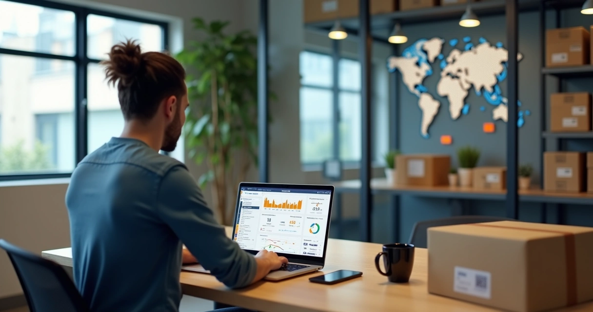 Empresário de e-commerce usando notebook com prateleiras de caixas ao fundo