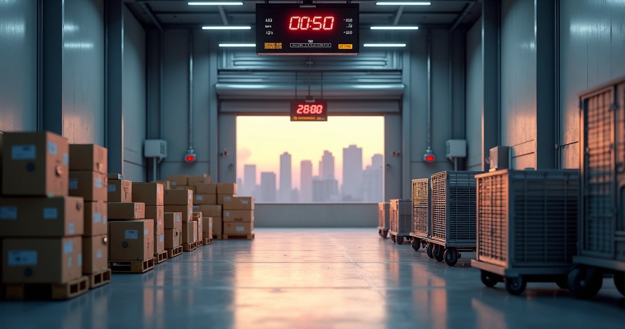 Corredor de centro logístico com pallets bloqueando a saída e tempo de envio em grande relógio digital