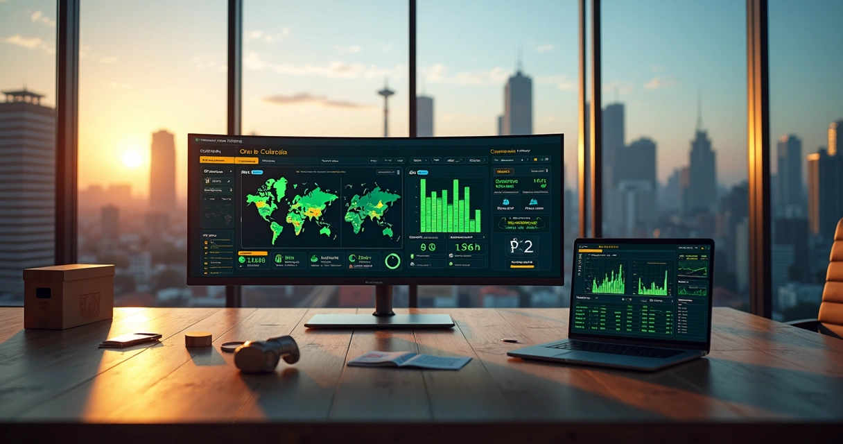 Painel de controle exibindo métricas de marketplace conectadas a centro logístico moderno