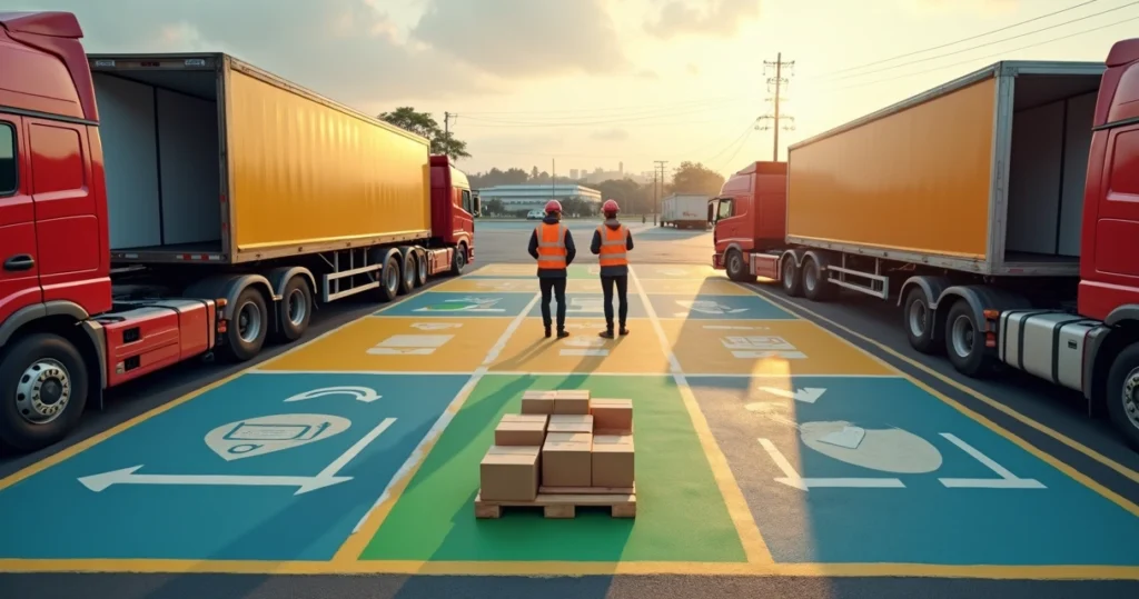 Caminhões em doca de cross-docking em São Paulo com boxes identificados por cores