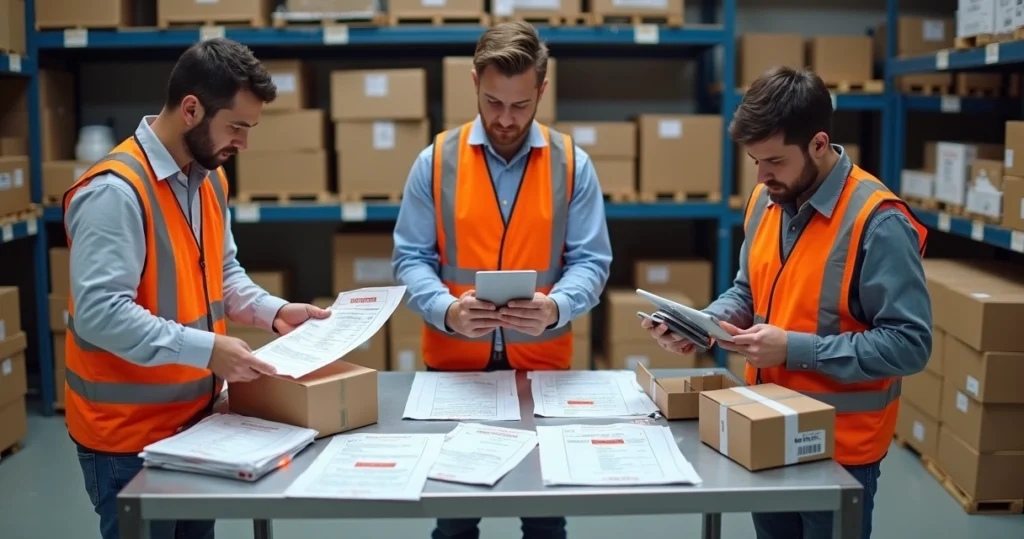 Equipe em estoque pequeno revisando lista de pedidos com produtos trocados sobre a mesa