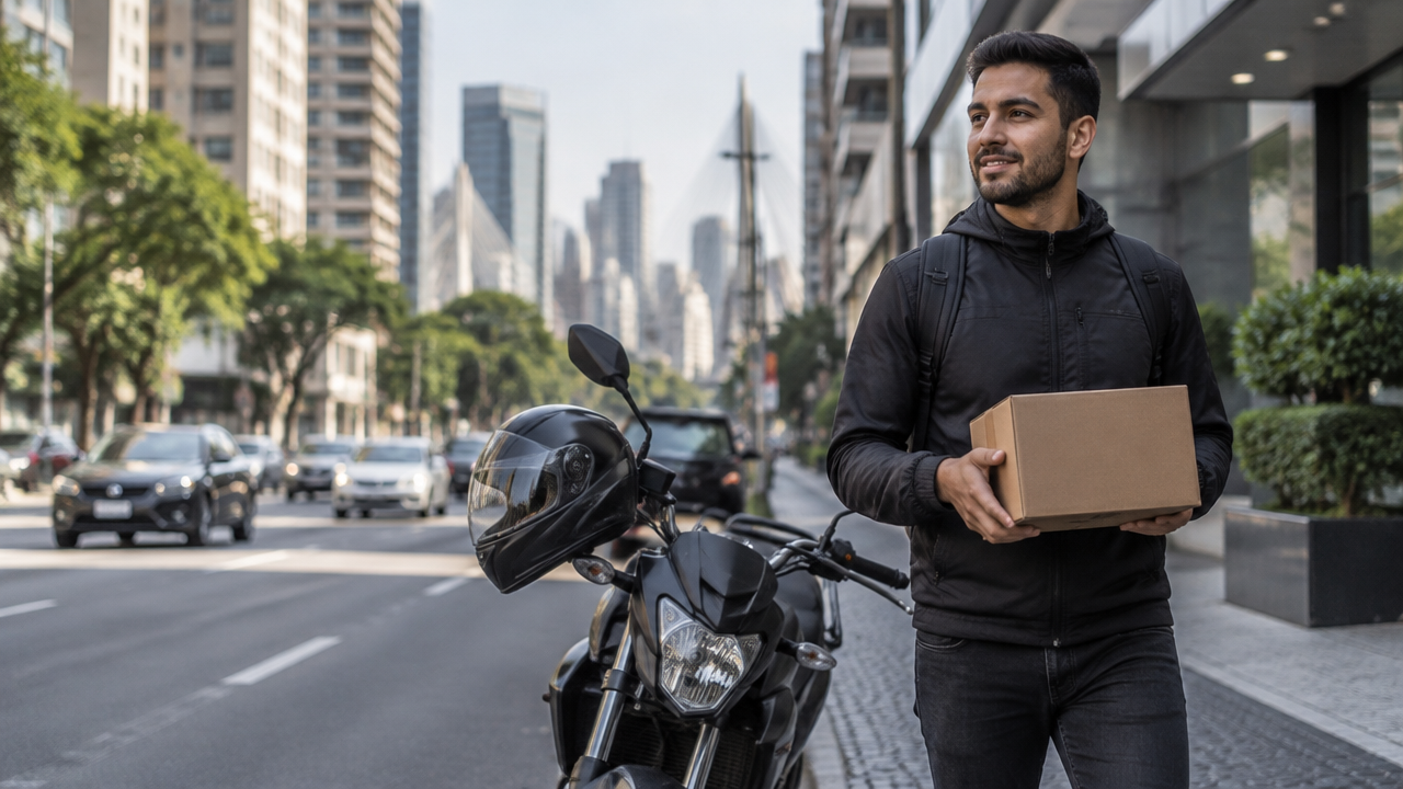 Entregador com pacote em uma rua de São Paulo, representando entregas locais para vendedores online