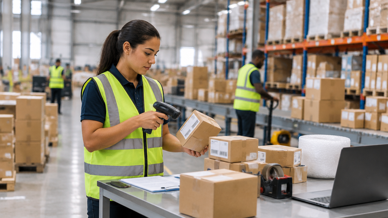Operador confere e prepara caixas de produtos em um centro de distribuição moderno