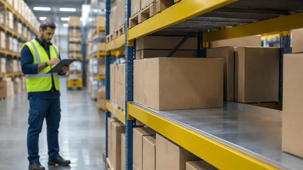 Prateleira de centro de distribuição com espaço vazio indicando falta de produto e operador conferindo o estoque