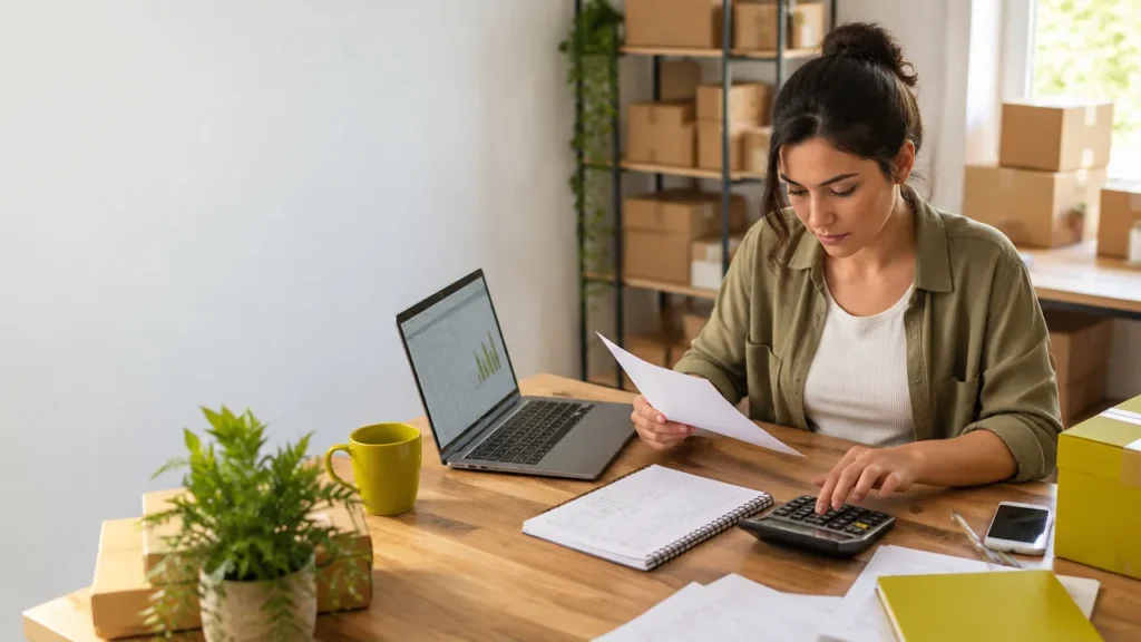 Vendedor de e-commerce analisa custos e margem de lucro em uma mesa com laptop, calculadora e caixas de pedidos.