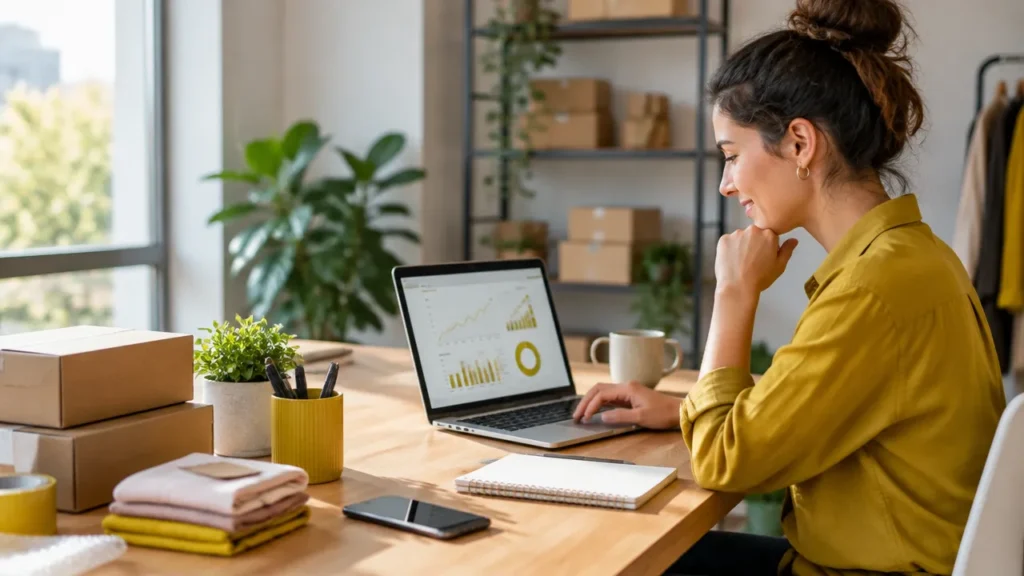 Vendedora de e-commerce analisa campanhas patrocinadas e pedidos em um notebook