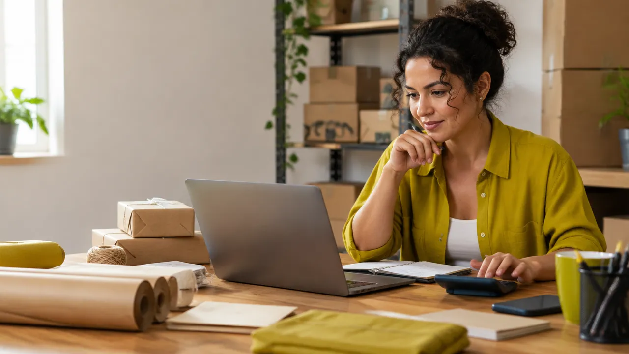 Vendedora de e-commerce analisa custos e preços de produtos ao lado de caixas de envio