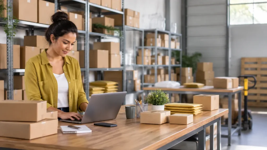 Vendedora de marketplace analisando pedidos e estoque em uma operação de e-commerce organizada